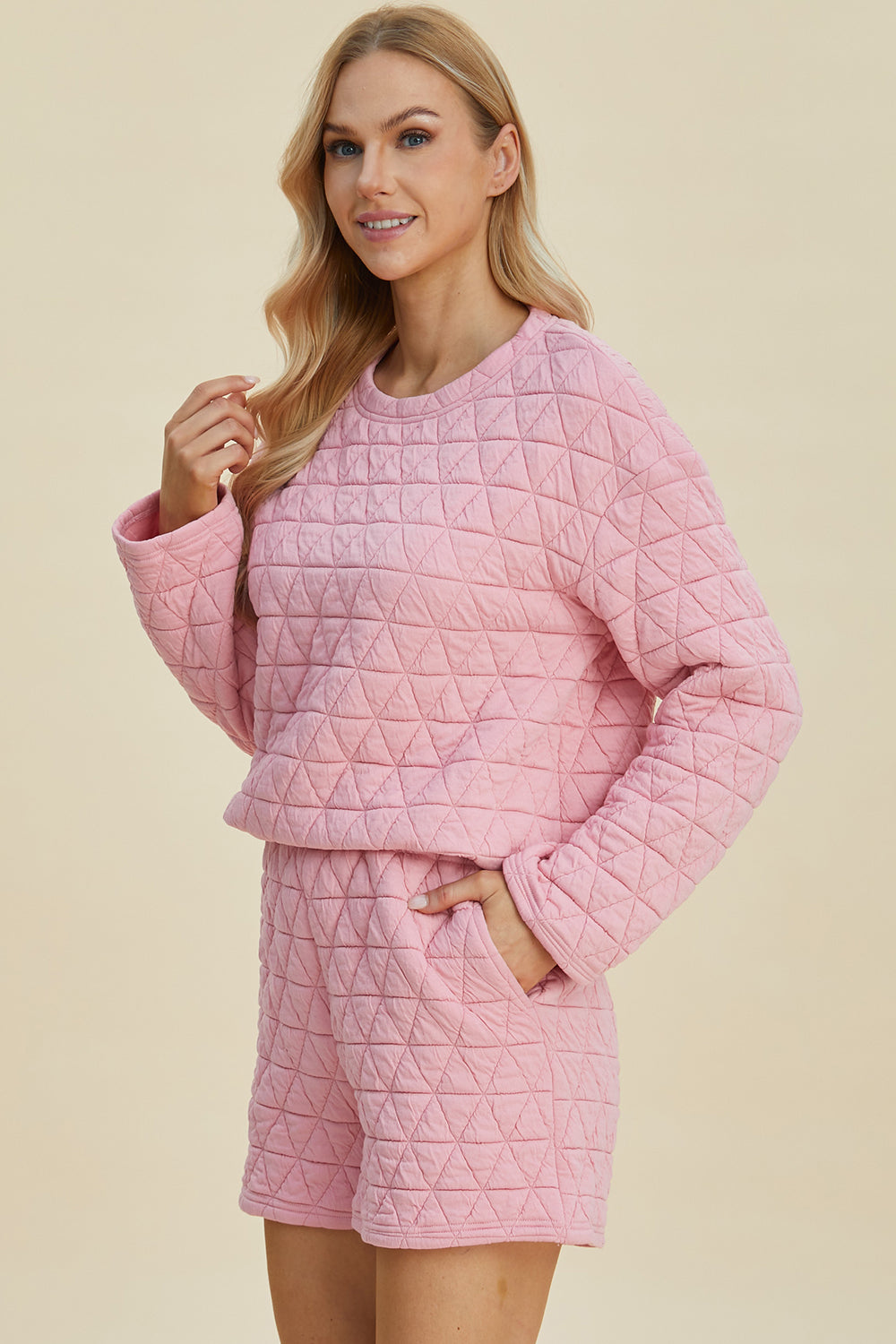 Double Take Full Size Texture Round Neck Long Sleeve Top and Shorts Set Double Take Full Size Texture Round Neck Long Sleeve Top and Shorts Set