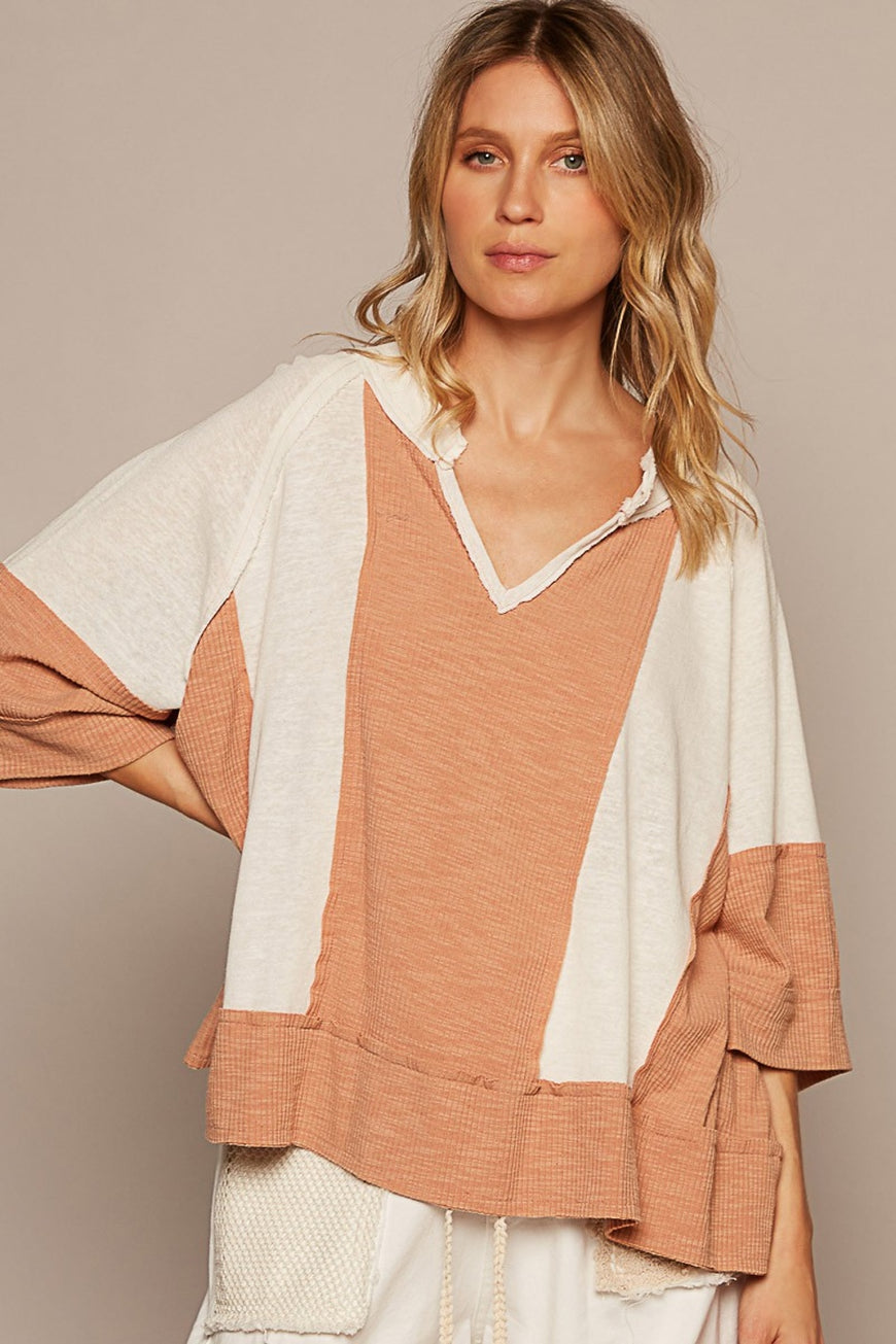 POL Notched Frayed Edge Contrast Top - TopFashionHQ
