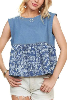 ADORA Sleeveless Denim Contrast Top