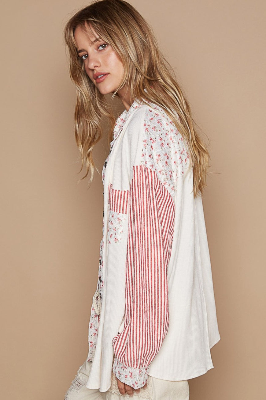 POL Long Sleeve Embroidered Print Patch Pocket Shirt - TopFashionHQ