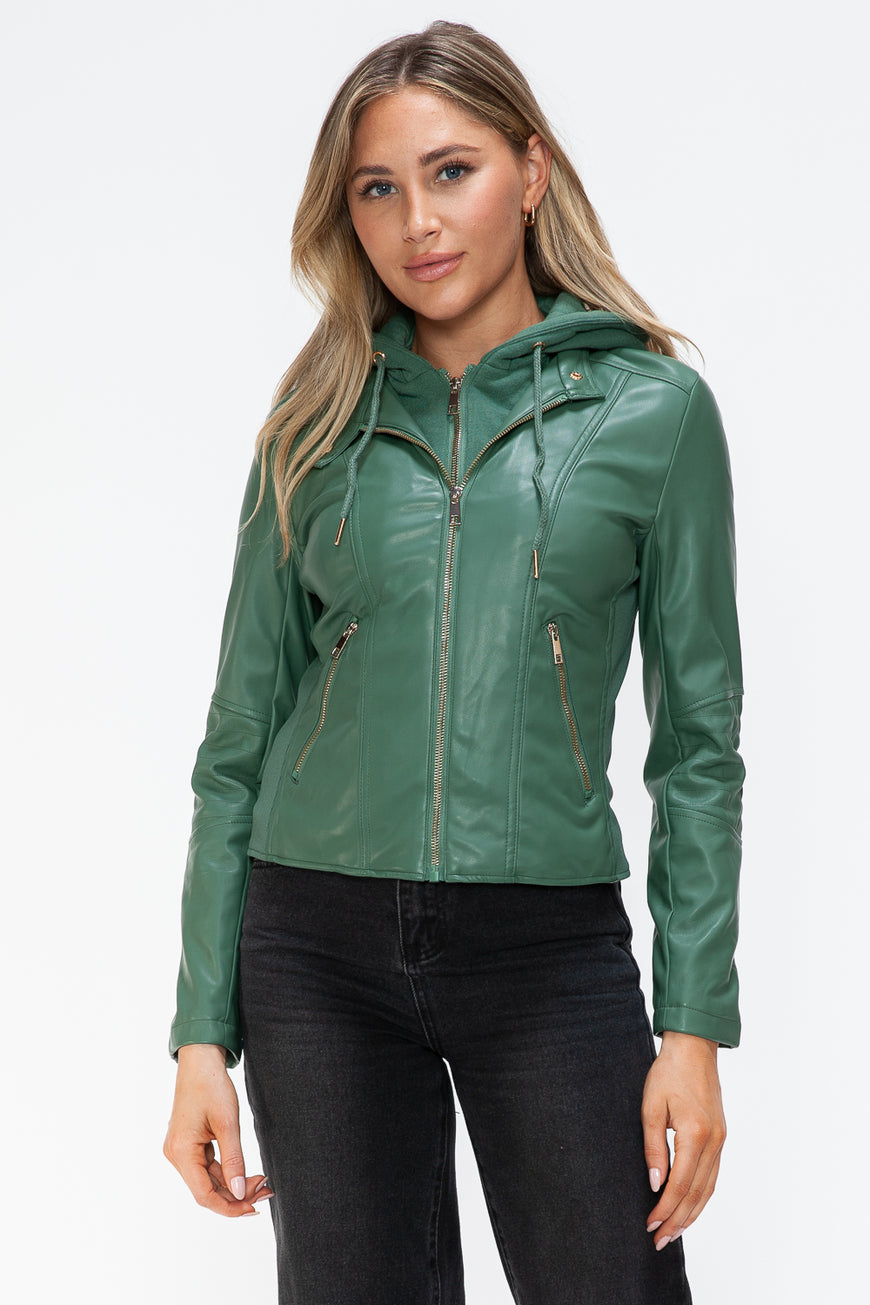 Snobbish Faux Leather Zip Up Drawstring Hooded Jacket - TopFashionHQ