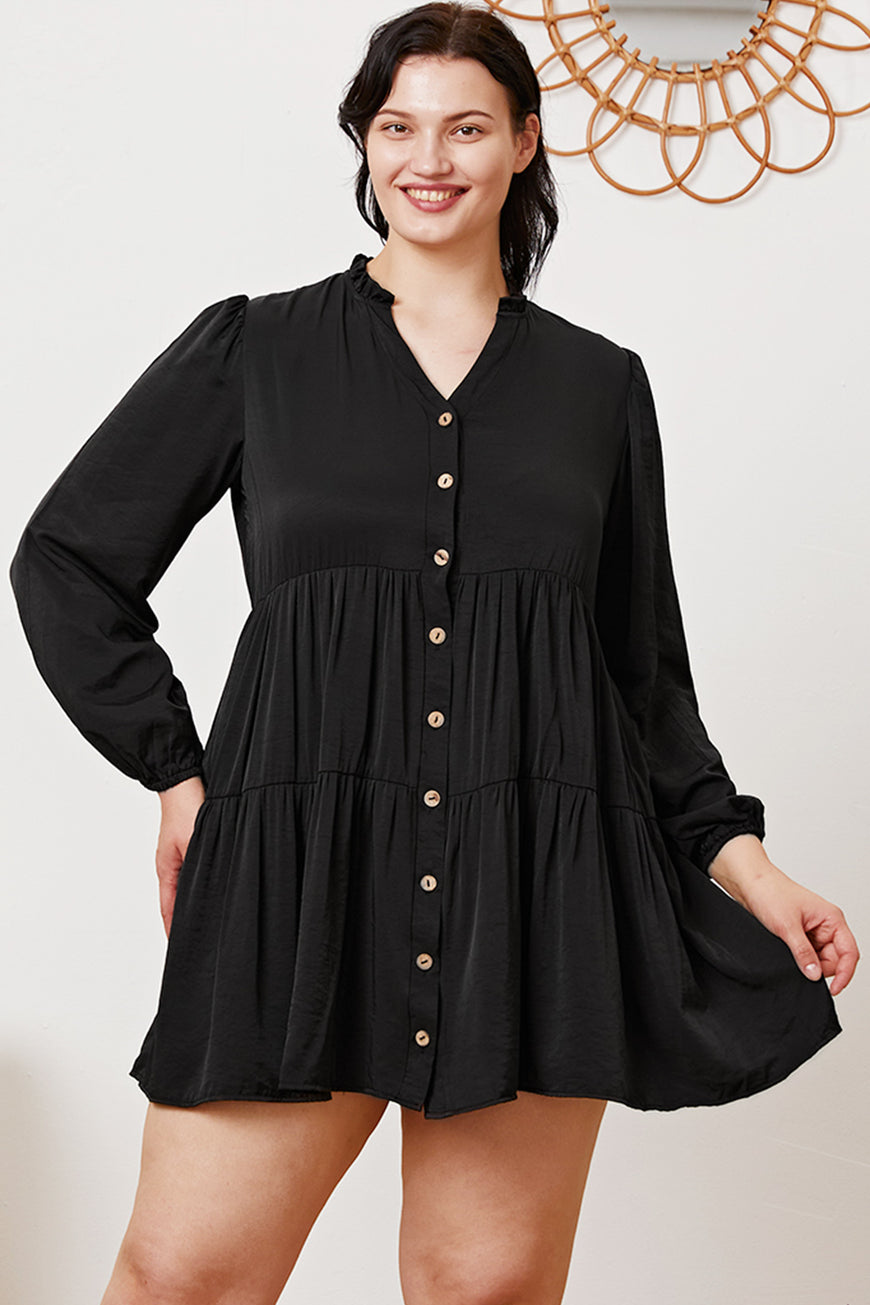 Ruffled Button Up Long Sleeve Tiered Shirt - TopFashionHQ
