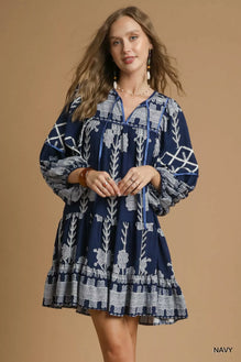 Umgee Tribal Print Dress with Tie Neck