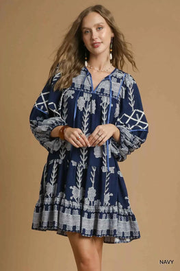 Umgee Tribal Print Dress with Tie Neck