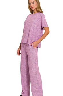 Zenana Soft Melange Short Sleeve Tee & Long Pants Set