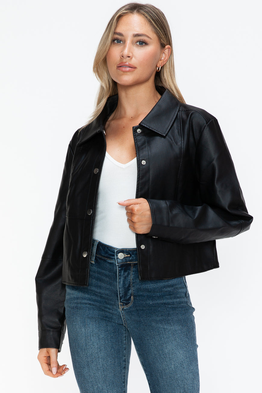 Snobbish Snap Down Long Sleeve PU Leather Jacket - TopFashionHQ