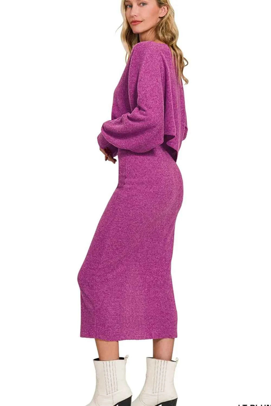 Zenana Ribbed Asymmetric Hem and Sleeve Top & Skirt Set