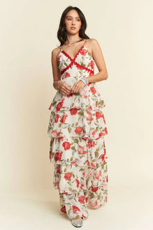 Davi & Dani Contrast Ring Lace Layered Ruffle Maxi Cami Dress
