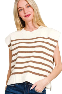 Zenana Oversized Crew Neck Stripe Sweater Vest