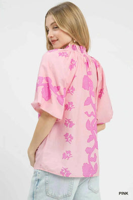 Umgee Floral Smocked Notched Puff Sleeve Blouse