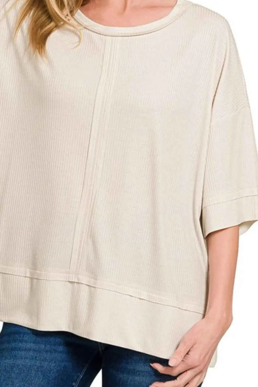 Zenana Ribbed Boat Neck 3/4 Sleeve Top