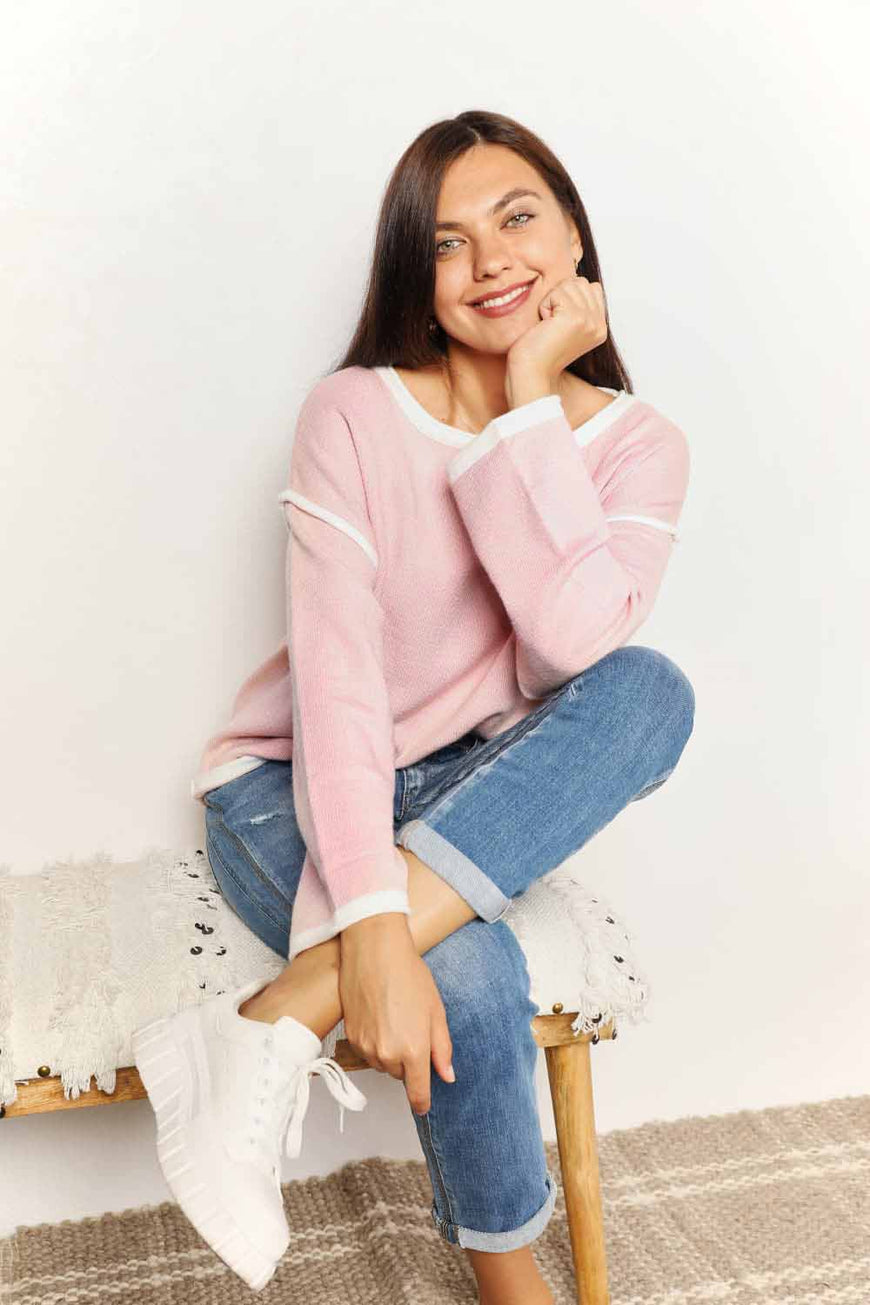 Double Take Contrast Detail Dropped Shoulder Knit Top - TopFashionHQ