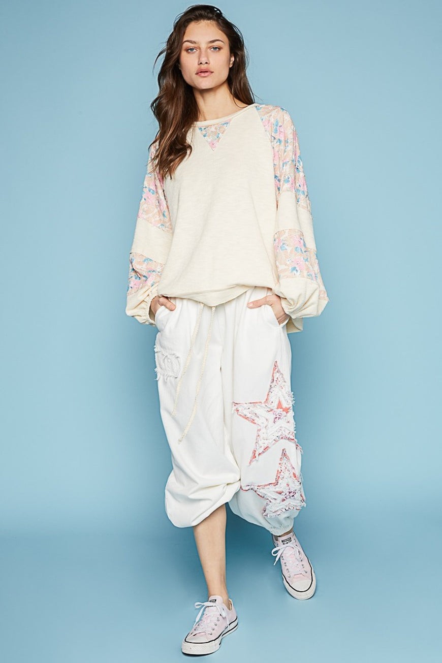 POL Round Neck Balloon Floral Long Sleeve Top - TopFashionHQ