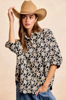 BiBi Floral Jacquard Short Dolman Sleeves Shirt