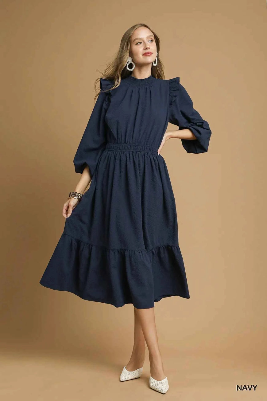 Umgee Textured Midi Dress with Ruffle Shoulder Detail
