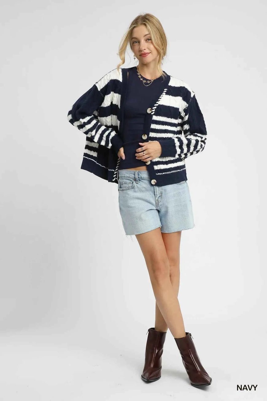 Umgee Cable-Knit Stripe Button-Up Cardigan