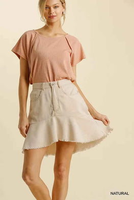 Umgee Linen Blend 5 Pockets High Low Skirt with Frayed Hem