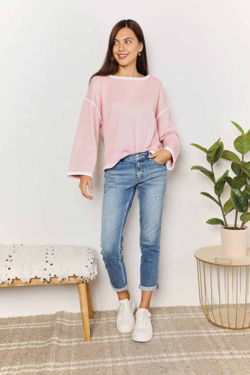 Double Take Contrast Detail Dropped Shoulder Knit Top - TopFashionHQ