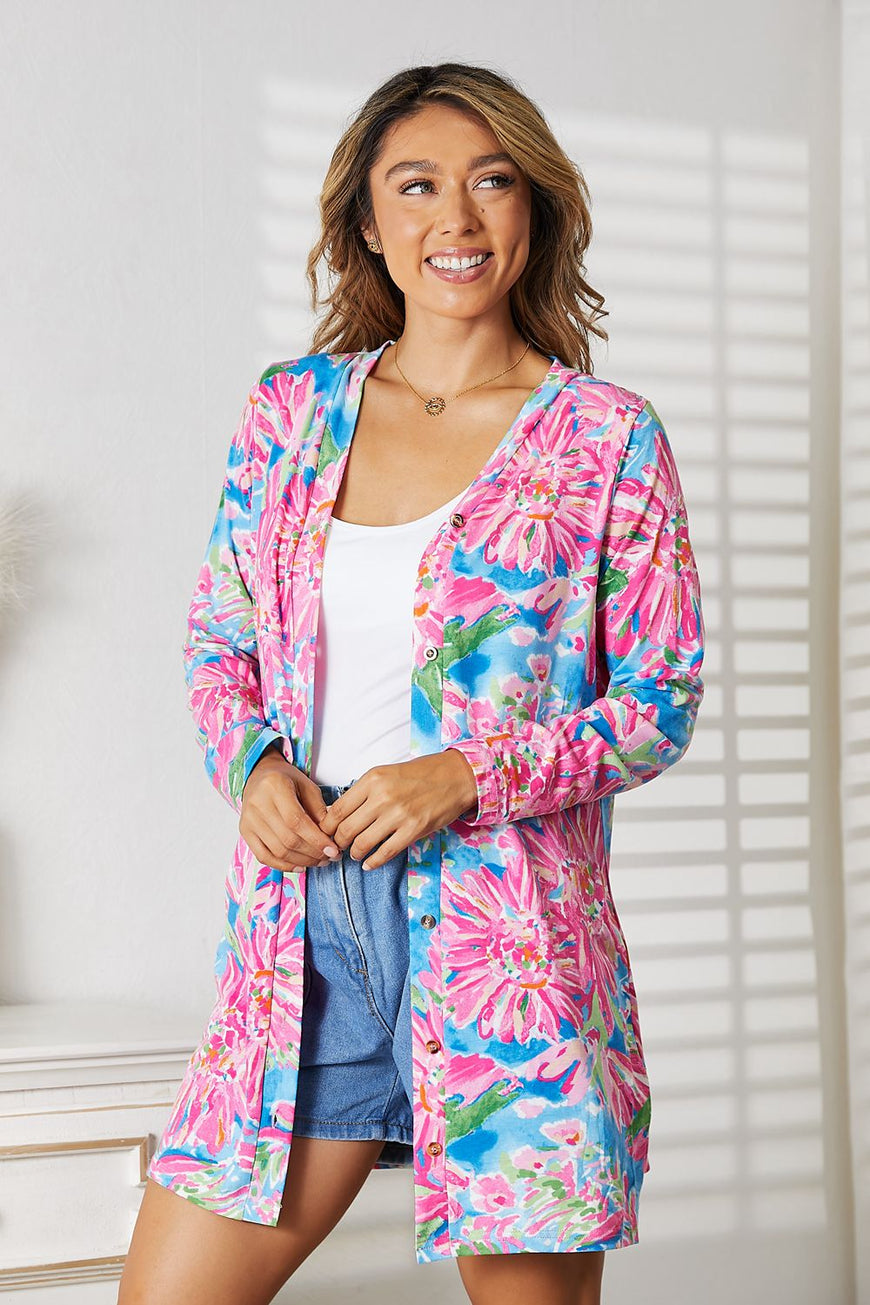 Double Take Floral Open Front Long Sleeve Cardigan - TopFashionHQ