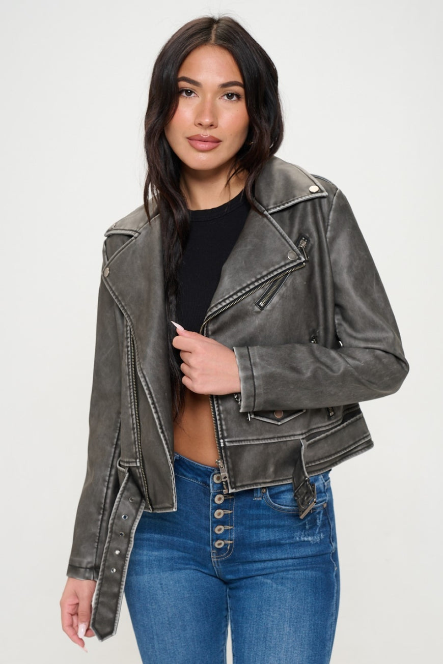 Coalition LA Zip Up Biker Jacket with Belt - TopFashionHQ