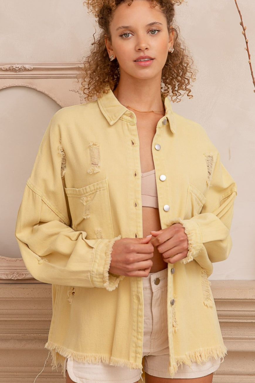 POL Button Down Raw Hem Distressed Shacket - TopFashionHQ