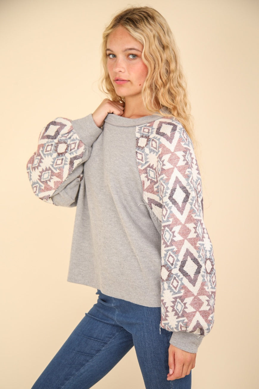 VERY J Printed Long Sleeve Round Neck Knit Top - TopFashionHQ