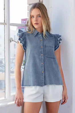 Mittoshop Washed Denim Ruffle Short Sleeve Collared Shirt