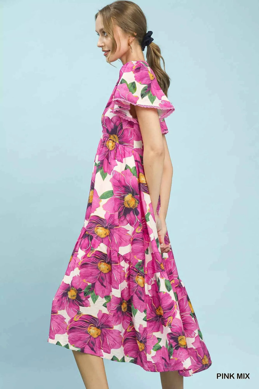 Umgee Tropical Floral V-Neck Flutter Sleeve Tiered Midi Dress