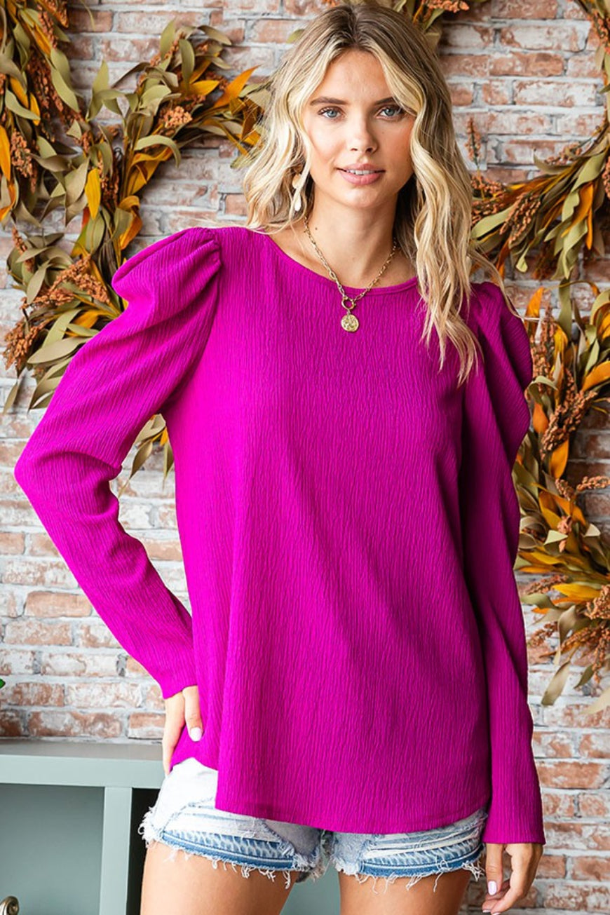 First Love Texture Puff Sleeve Round Neck Blouse - TopFashionHQ