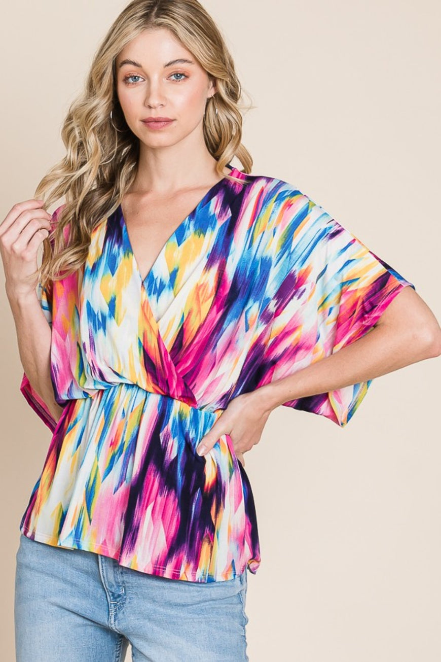BOMBOM Printed Surplice Peplum Blouse - TopFashionHQ