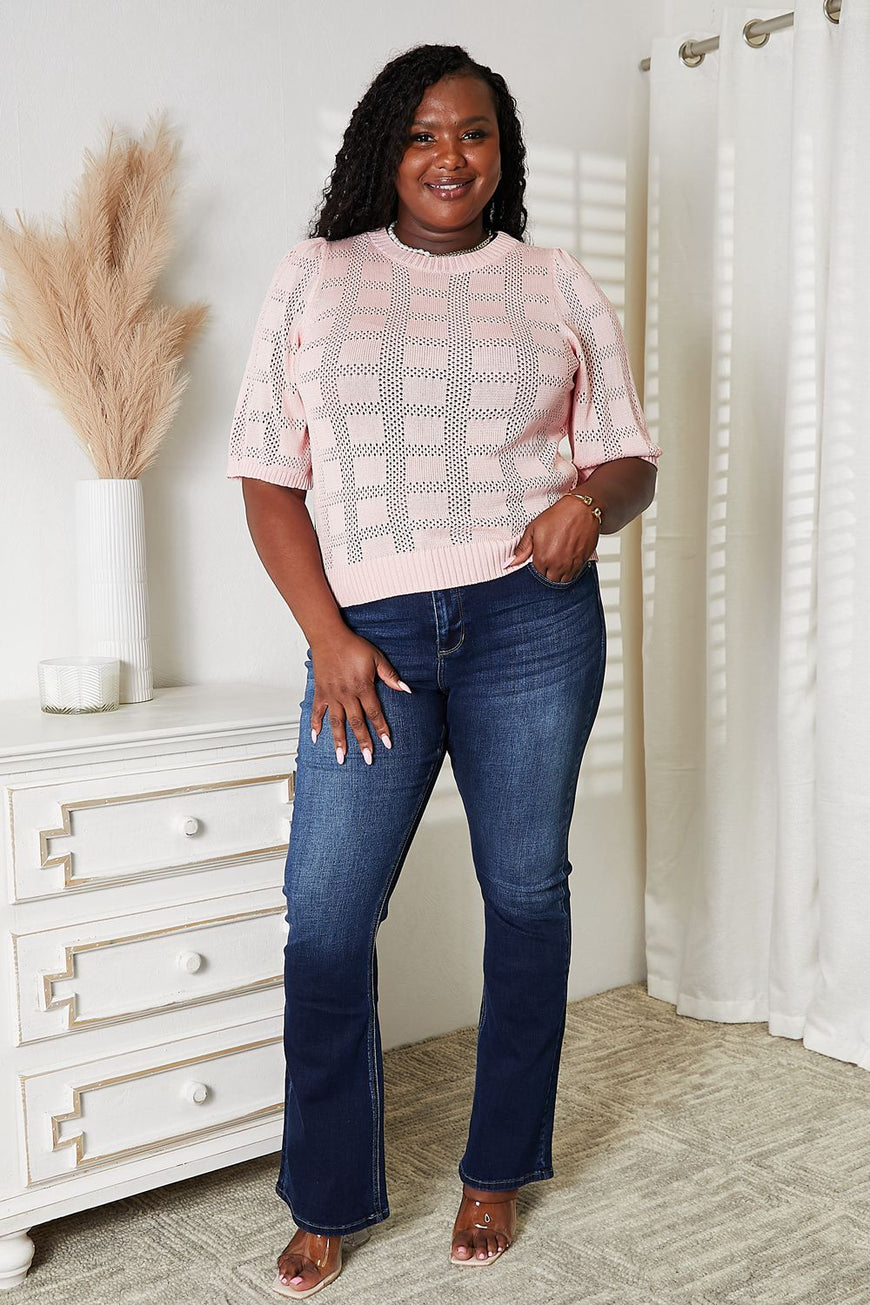 Double Take Ribbed Trim Round Neck Knit Top - TopFashionHQ