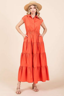 Mittoshop Button Up Collared Tiered Maxi Shirt Dress