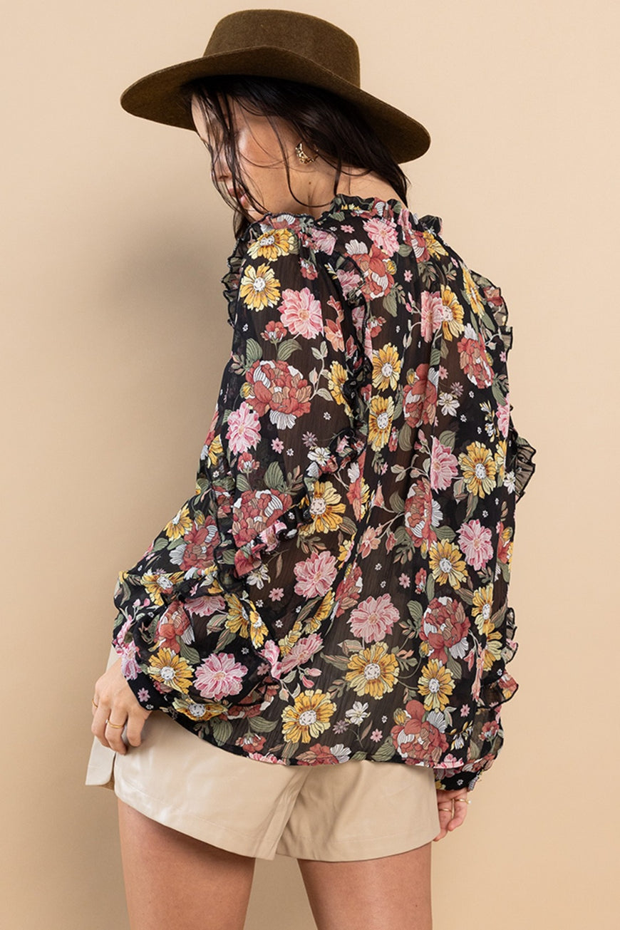 Ces Femme Ruffle Trim Long Sleeve Floral Blouse - TopFashionHQ