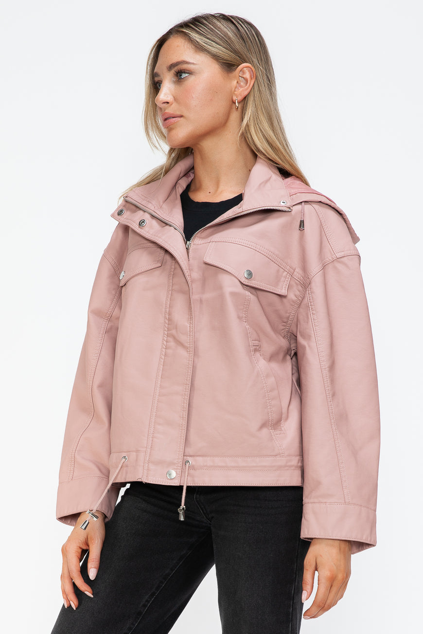 How Dare U Drawstring Hem PU Leather Zip Up Jacket - TopFashionHQ