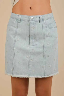 VERY J Bow Printed Casual Denim Mini Skirt