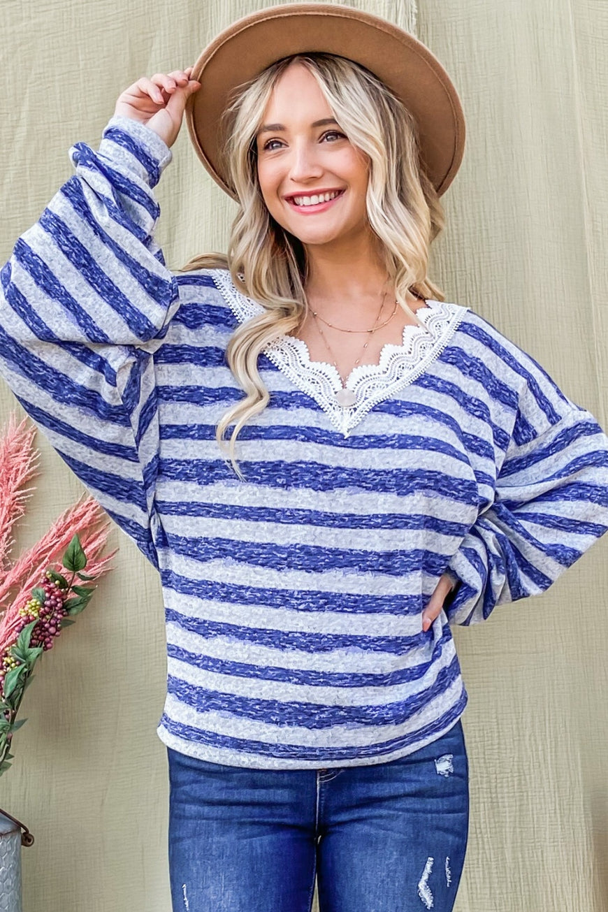 And The Why Striped Lace Detail V Neck Top - TopFashionHQ