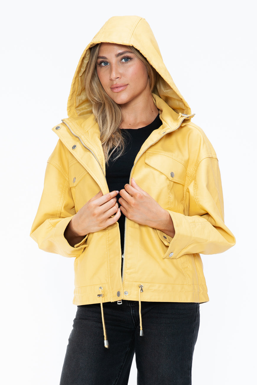 How Dare U Drawstring Hem PU Leather Zip Up Jacket - TopFashionHQ