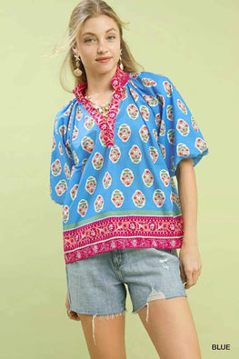 Umgee Boho Border Print Peasant Top