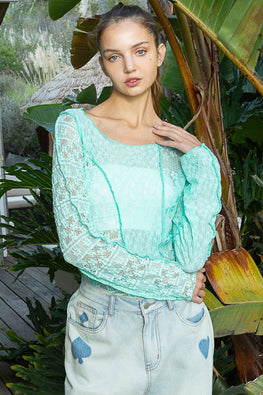 POL Exposed Seam Long Sleeve Lace Knit Top - TopFashionHQ