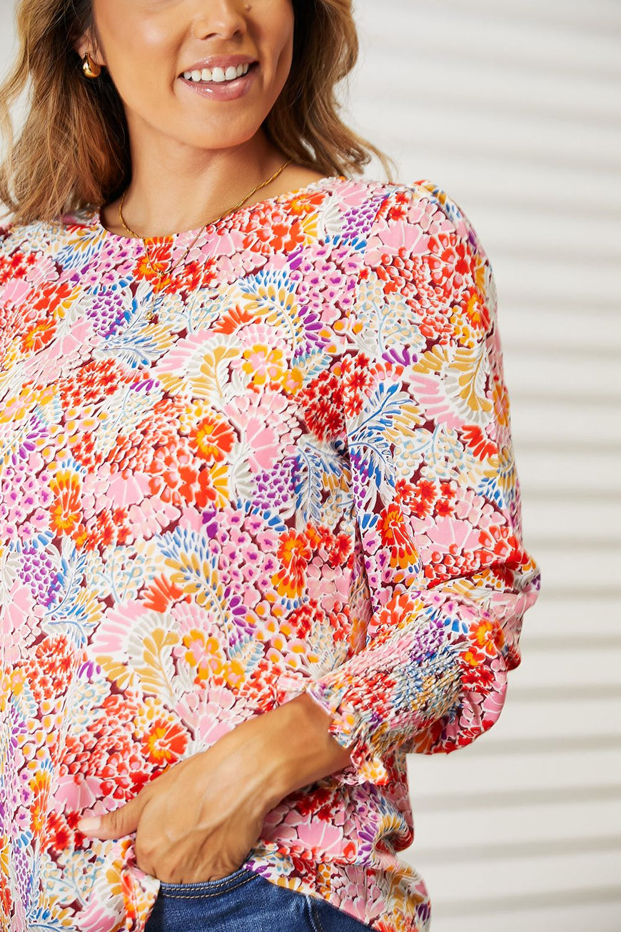 Double Take Floral Print Long Puff Sleeve Blouse - TopFashionHQ