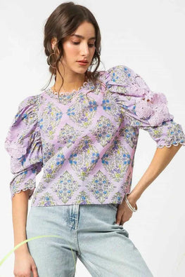 Umgee Printed Lace Puff Sleeve Blouse