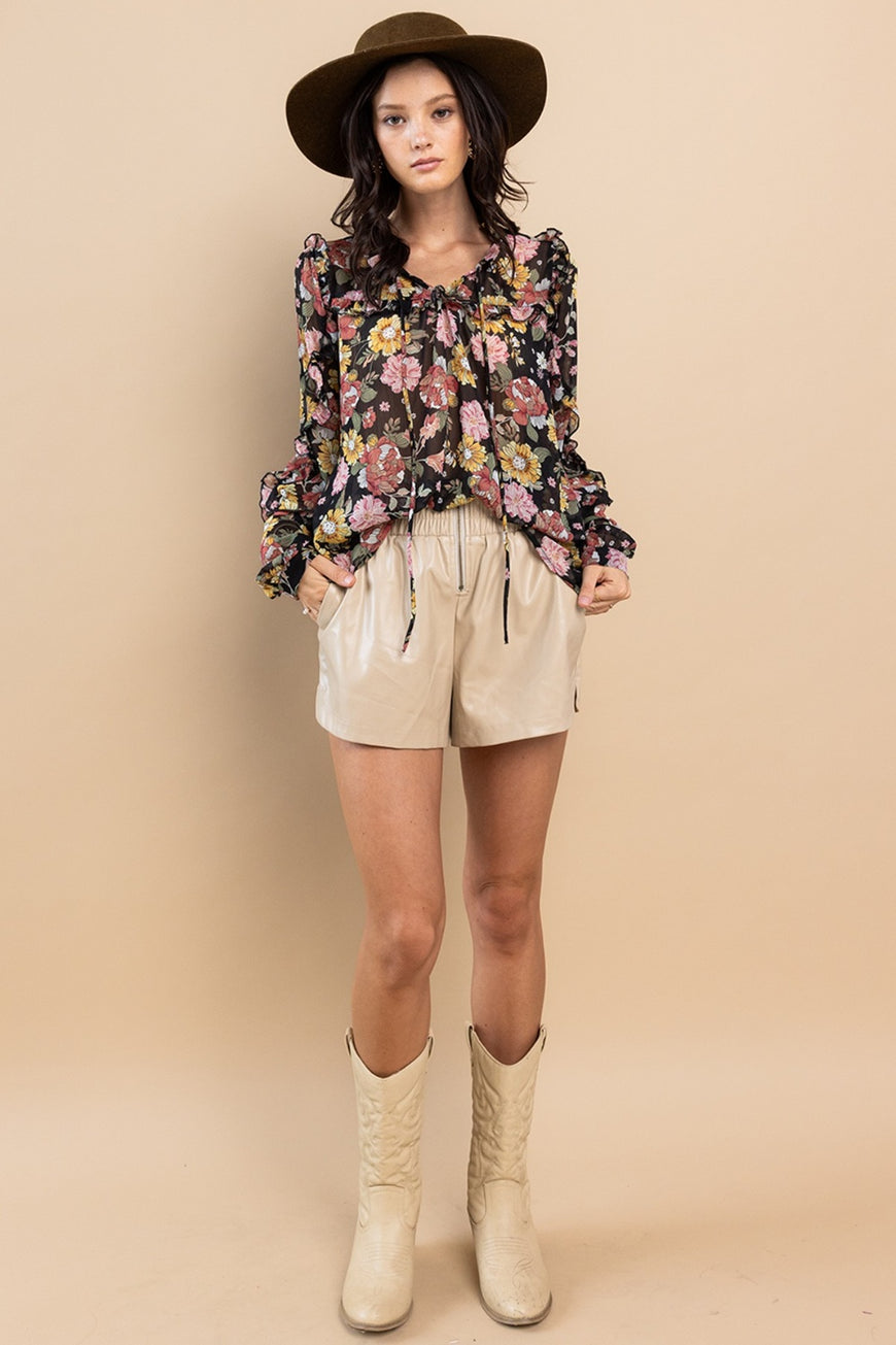 Ces Femme Ruffle Trim Long Sleeve Floral Blouse - TopFashionHQ