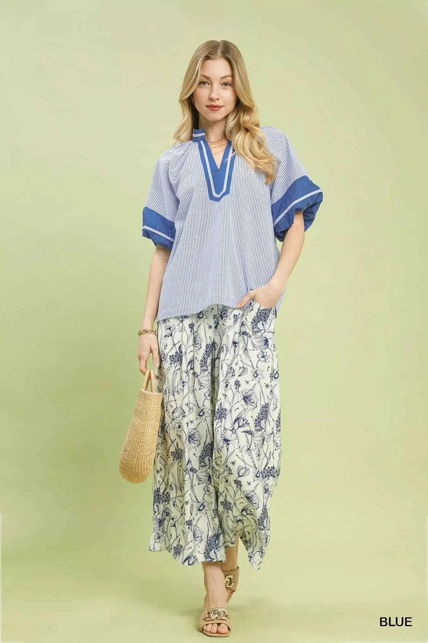 Umgee Striped Mixed Puff Sleeve Blouse