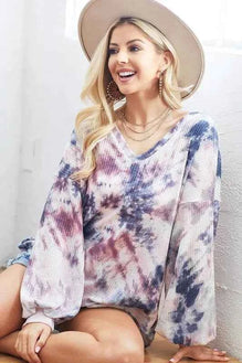 BiBi Tie-Dye V-Neck Long Sleeve Waffle Top