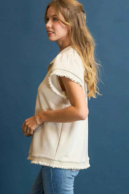 Umgee Frill Hem Half-Zip Collared Blouse