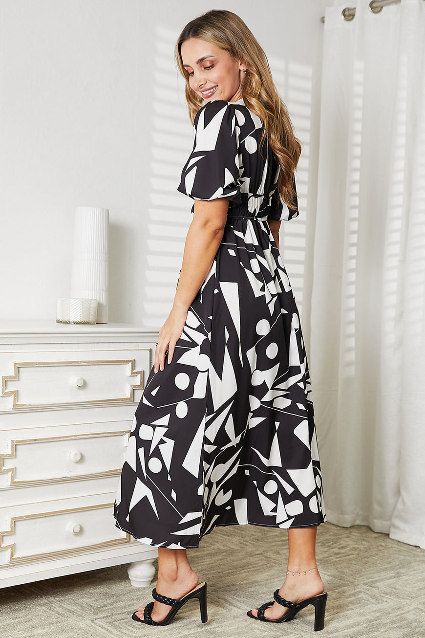 Double Take Printed Surplice Balloon Sleeve Dress - TopFashionHQ