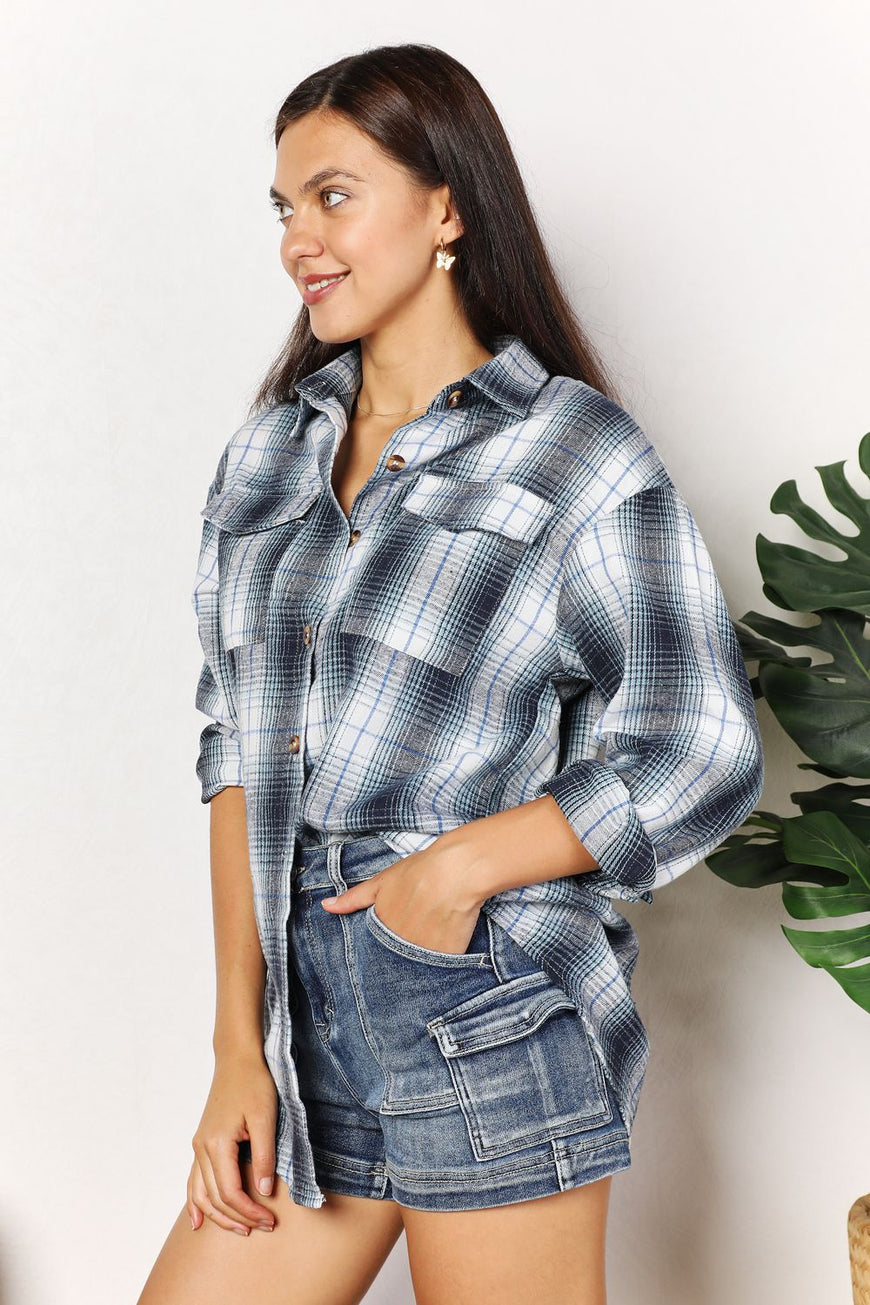 Double Take Plaid Dropped Shoulder Shirt - TopFashionHQ