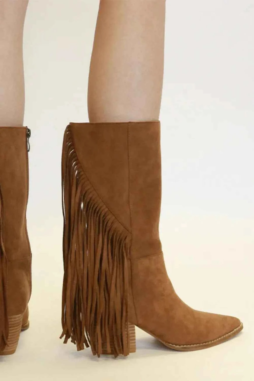 Beast Fashion Suede Fringe Point Toe Boots
