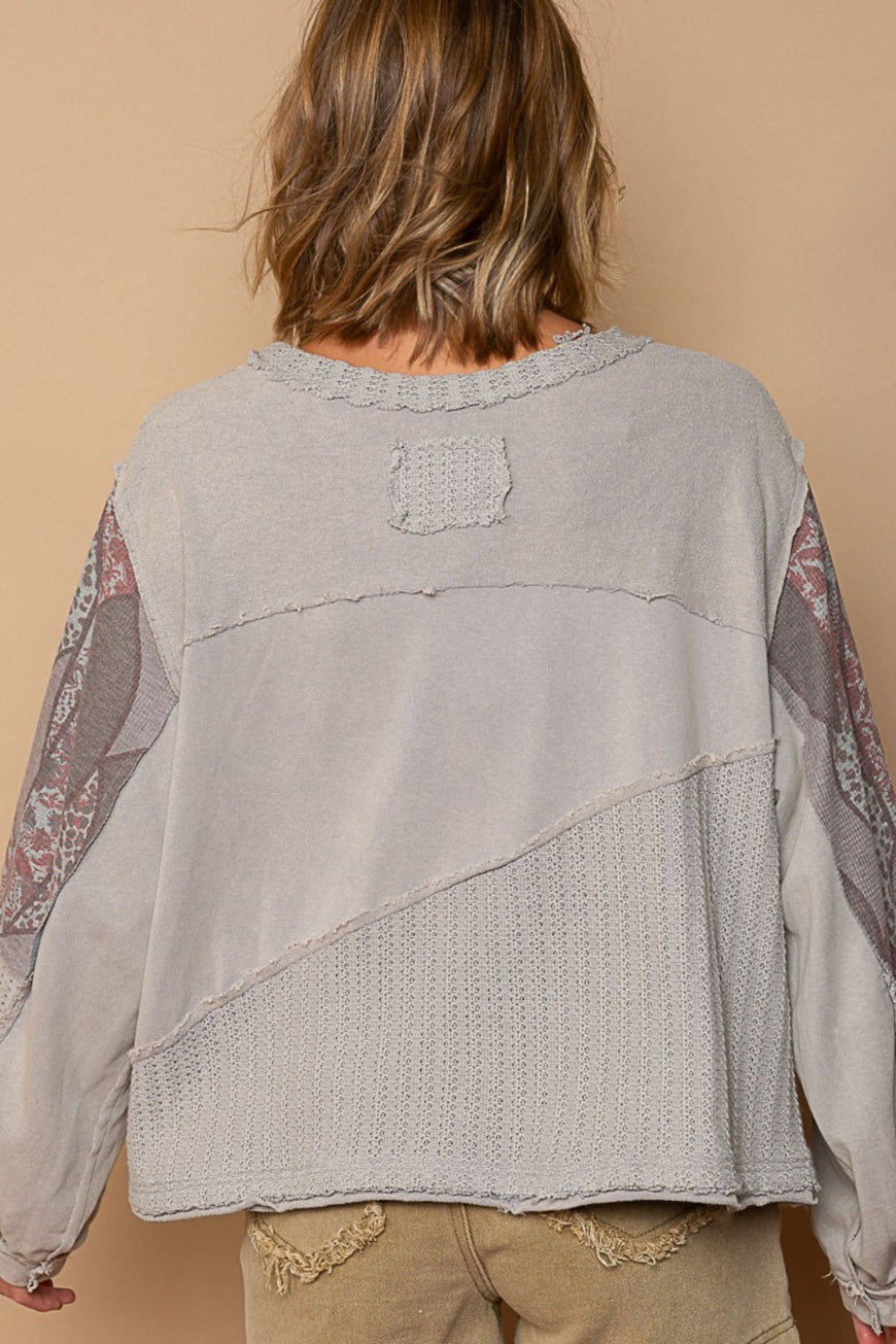 POL Long Sleeve Cut Sew Peace Emblem Top - TopFashionHQ