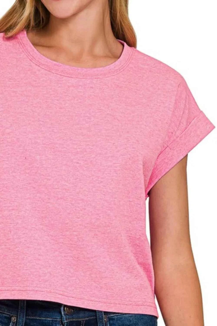 Zenana Rolled Sleeve Crop T-Shirt
